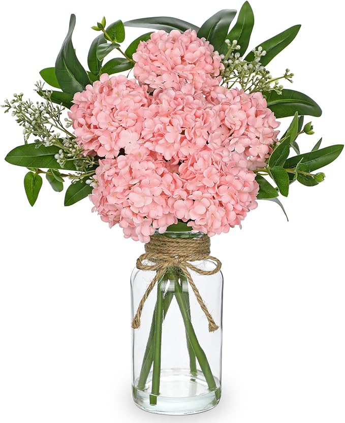 Hollyone Pink Hydrangea Artificial Flowers in Clear Glass Vase with Faux Water Silk Hydrangeas Fake Flowers Floral Arrangement for Home Bathroom Kitchen Office Table Centerpiece Shelf Decorations