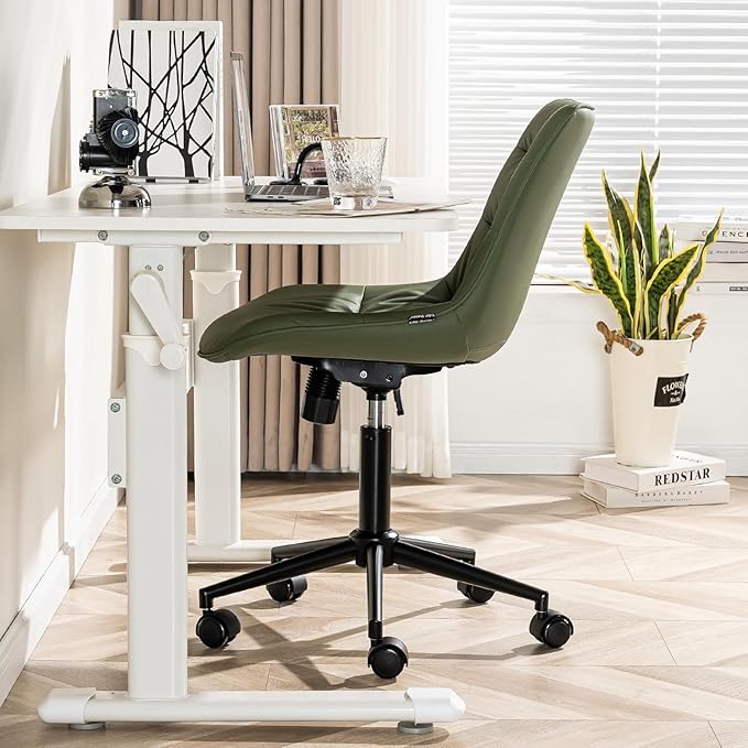 Kidol & Shellder Faux Leather Office Chair, Adjustable Swivel Height Task Chair, Rolling Wheels & Soft Backrest - Armless Ergonomic Desk Chair for Home, Office,Vanity,Gaming(Bean-Green)