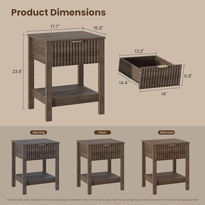 Fluted Night Stand with Golden Handle,Set of 2 Mid-Century Nightstands with Drawer,Bedside Table with Storage Shelf,Large End Tables for Livingroom,Bed Side Tables for Bedroom,Walnut
