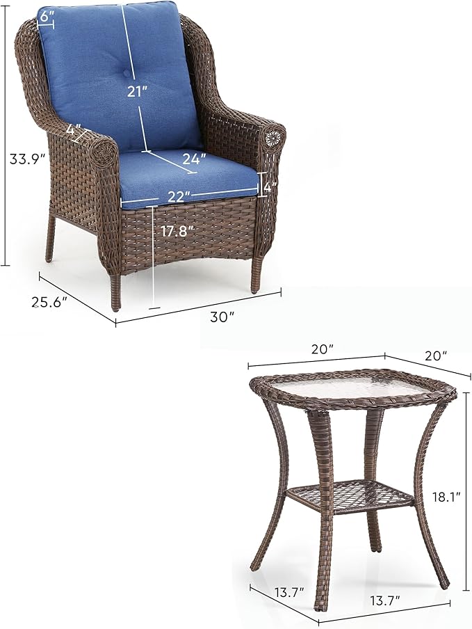 3 Piece Patio Brown Wicker Chairs with Side Table - Outdoor High Back Heavy Duty All-Weather Lawn Dining Rattan Chair Conversation Bistro Set for Deck Porch Balcony Backyard Garden - Navy Blue