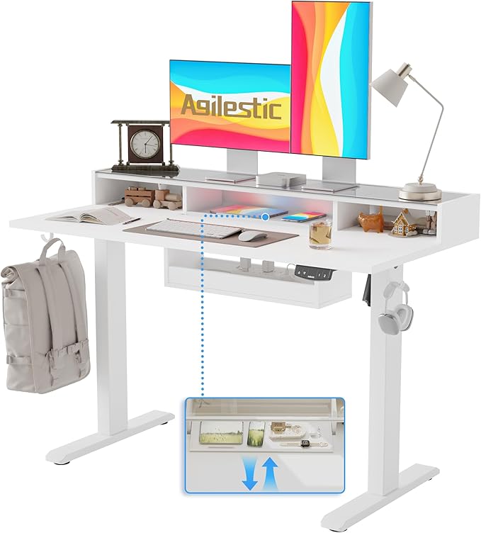 Agilestic Glass Standing Desk with Storage, 48 Inch Electric Adjustable Desk with Glass Shelf and Cable Management, Sit Stand Up Home Office Computer Table, Splice Board, White