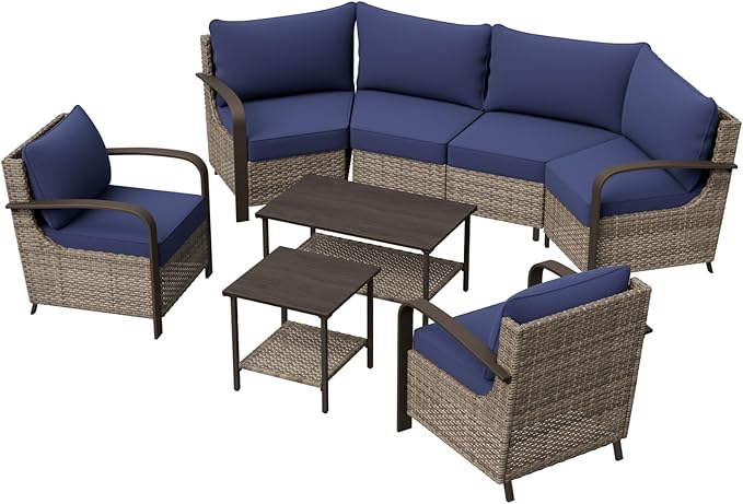 COOS BAY Aurora Terrace Half-Moon Outdoor Furniture Set, Rattan Conversation Set with Patio Chairs, Curved 4-Seat Sofa, Coffee Table & Side Table, Seats 6, Beige/Blue