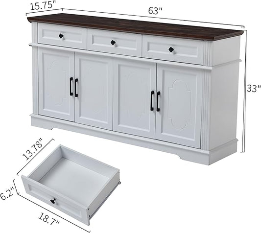 63" White Buffet Sideboard Cabinet with 4 Doors and 3 Drawers, Modern Farmhouse Kitchen Storage Cabinet, Coffee Bar Cabinet with Adjustable Shelves, Living Room Storage, Dining Room