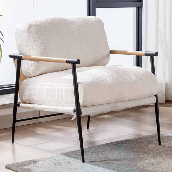 LukeAlon Mid-Century Sherpa Accent Chair, Ultra Soft Living Room Chair with Metal Legs Modern Armchair Lounge Chair Upholstered Comfy Leisure Chair for Bedroom Reception Area Reading Room, White