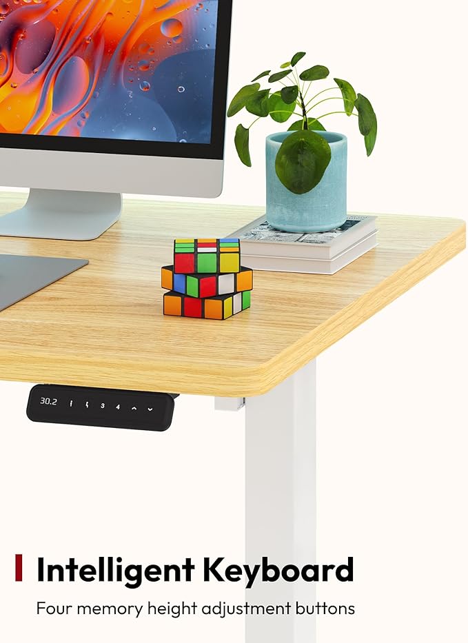 SANODESK Electric Standing Desk 40 x 24 Inches Whole-Piece Desktop Height Adjustable Stand Up Desk w/6-Button Controller Ergonomic Computer Desk for Home Office, White Frame + Natural Tabletop