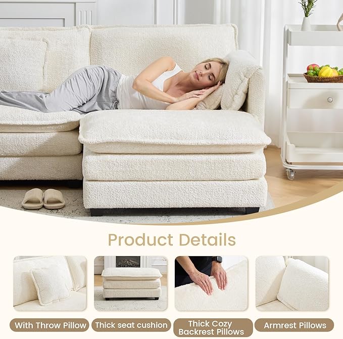 112" Modular Sectional Sofa with Movable Ottoman, L Shaped Couches for Living Room, 3 Seater Comfy Cloud Couch with Removable Cover, Armrest Pillow (Beige)