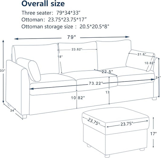 79" Small Couches with Storage Ottoman 3 Seat L Shaped Couch Sectional Sofa with Chaise Lounge for Apartment,Dorm,Bonus Room,Compact Spaces. (Beige, 3+OTT)