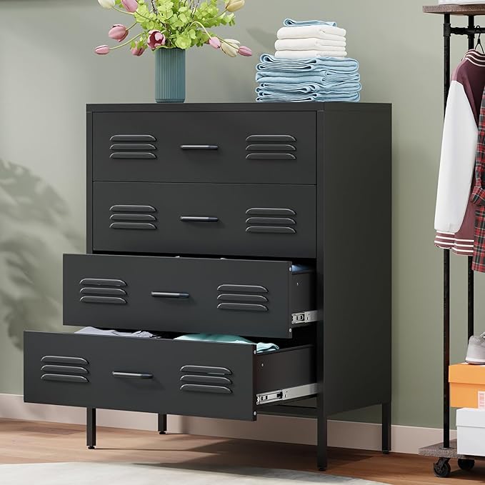 Black Metal 4 Drawer Dresser for Bedroom, Chest of Drawers for Closet, Bedroom Dressers with Drawers, Metal Dressers & Chests of Drawers for Office, Bedroom, Living Room and Entryway