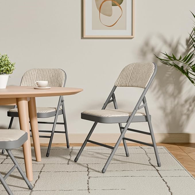 6 Pack Folding Chairs Fabric Dining Chair Set with Padded Cushion and Back, Indoor Outdoor Foldable Seat with Steel Frame for Home Office Events Wedding Party, Oatmeal Strip Seating