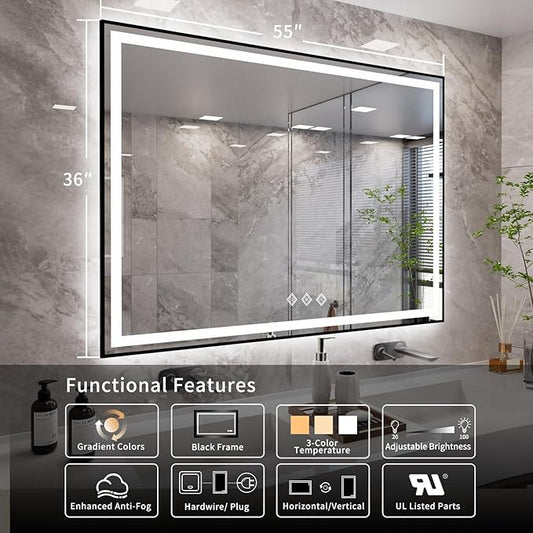 LED Bathroom Mirror, 55x36 Inch Black Framed Gradient Front and Backlit LED Mirror, 3 Colors Dimmable CRI>90, Enhanced Anti-Fog Wall Mounted Smart Mirror