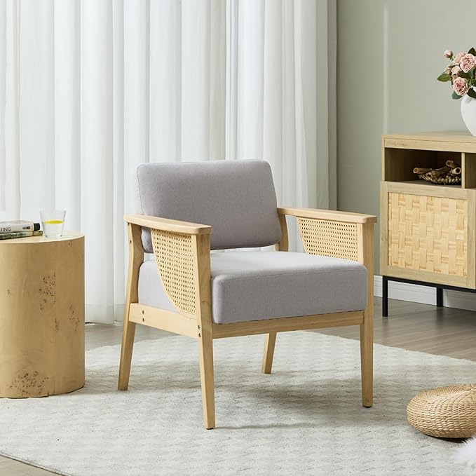 Mid Century Modern Accent Chair Set of 2, Rattan Armchair with Wood Legs Living Room Chair Linen Upholstered Lounge Chair for Bedroom Reading Room, Grey