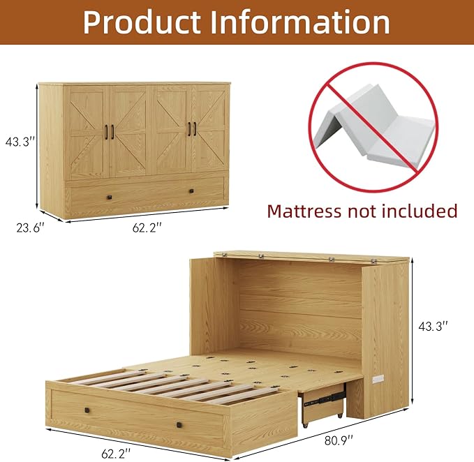 Murphy Bed Queen with Storage & Charging Station, Murphy Cabinet with Foldable Panel, Noisy Free, for Guest Bedroom, Living Room, Office, Distressed,Natural
