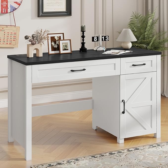 Farmhouse 47" Executive Desk, Computer Desk with Drawers and Storage Cabinet, Workstation for Home Office and Study.(Black)