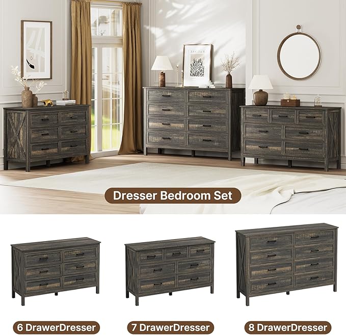 LYNSOM Farmhouse 8 Drawer Dresser for Bedroom, 55 Inch Wide Wood Rustic Chest of Drawers with X-Marking & Bar Handle, Large Storage Dressers Organizer for Bedroom, Living Room, Dark Rustic Oak