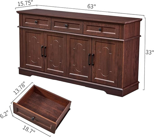 63" Buffet Sideboard Cabinet with 4 Doors and 3 Drawers, Modern Farmhouse Kitchen Storage Cabinet, Coffee Bar Cabinet with Adjustable Shelves, Kitchen Living Room Storage, Dining Room Cherry