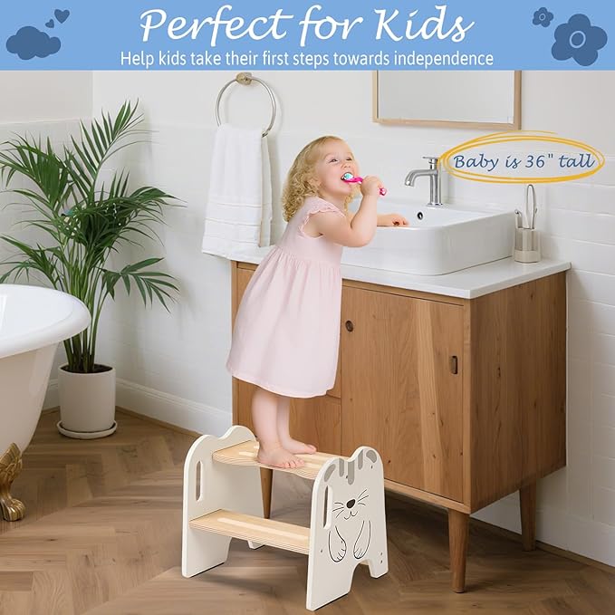 Wooden Step Stool - Two Step Stools Toddler 250 lbs Capacity with Safety Non-Slip Pads - Potty Training Stool for Bathroom Sink, Bedroom, Kitchen Dual Height Step Stools for Kids(Cat|White)