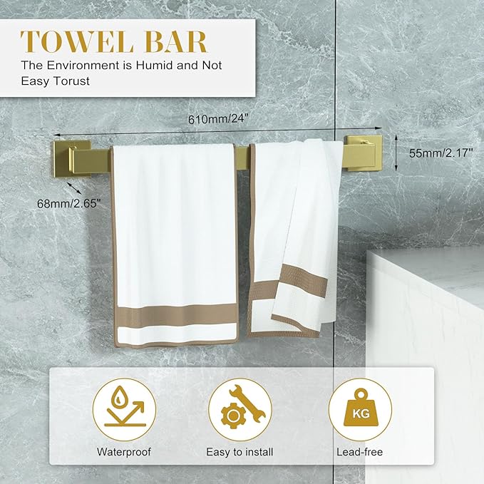 Bathroom Accessory Towel Bar Set: 5 Pieces Gold Bathroom Hardware Square SUS304 Stainless Steel - 24 Inch Wall Mounted Towel Rack&Toilet Paper Holder&Towel Ring and Towel Hook
