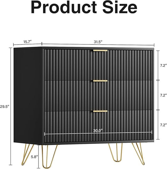 Black Dresser for Bedroom, Fluted Modern Dresser with Gold Pulls and 3 Drawers, 15.7" D x 31.5" W x 29.5" H