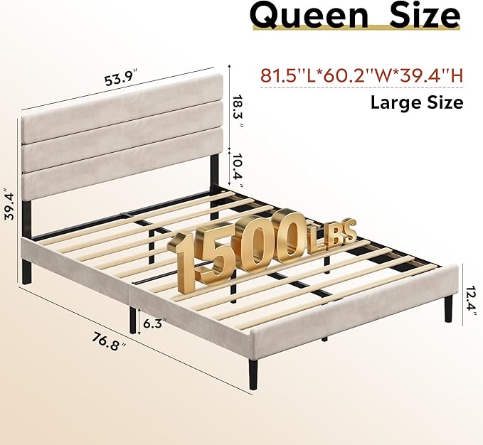 WLIVE Queen Size Upholstered Bed Frame, Velvet Square Tufted Headboard, Sturdy Metal & Wooden Slats Support, No Box Spring Needed, Beige