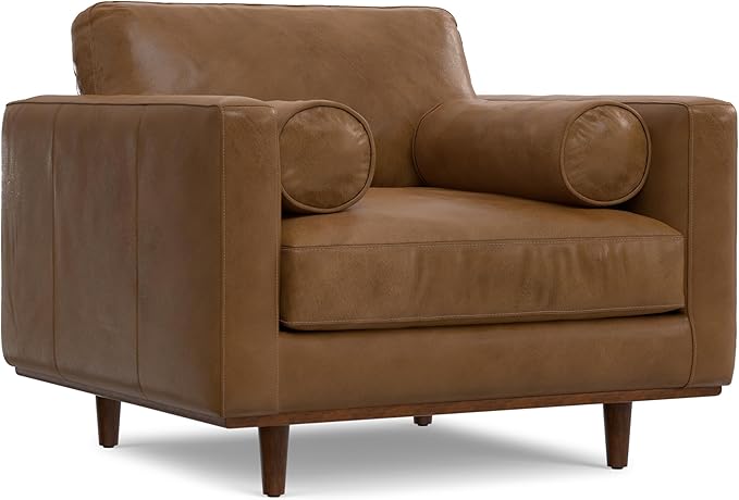 SIMPLIHOME Morrison Accent Chair - 43 inch Wide Upholstered Top Grain Genuine Leather Mid-Century Modern Arm Chair with Solid Wood Frame in Caramel Brown, for Living Room with 2 Bolster Pillows