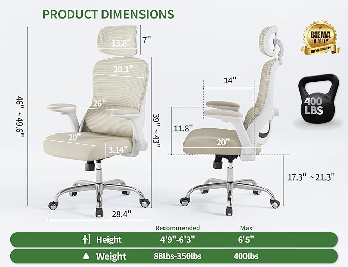 Office Chair - Ergonomic Desk Chair with Adjustable Headrest Lumbar Support Computer Chair - Mesh Comfy Chairs with Flip-up Armrests - Big and Tall Gaming Chairs for Adults Home Office(Beige)