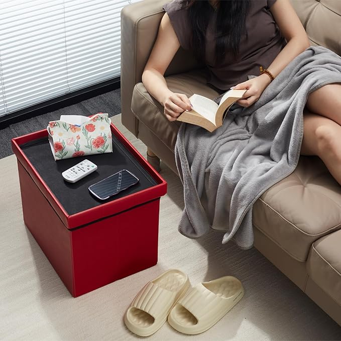 AmasSmile Storage Ottoman Folding Foot Rest Stool, Leather Footstool Bench, Short Ottoman Stool, Storage Foot Rest Store, Books (Red, 17" D x 13" W x 13" H)