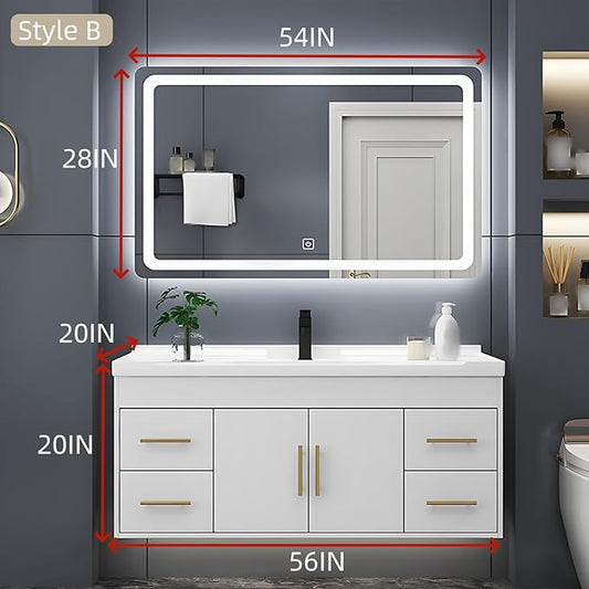 56IN Modern Bathroom Vanity - LED Intelligent Mirror Cabinet Includes Time Display & Defogging | Bathroom Cabinet with Sink & Open Storage Compartments, Ceramic Washbasin, 4 Drawers (Style B)