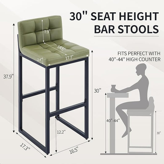 Bar Stools Set of 3, Modern Tall Counter Height Barstools with Back and Thickened Metal Legs, 30" Faux Leather Bar Chairs for Kitchen Island, Bar, Counter (Avocado Green, 3Pcs 30" Bar Stools)