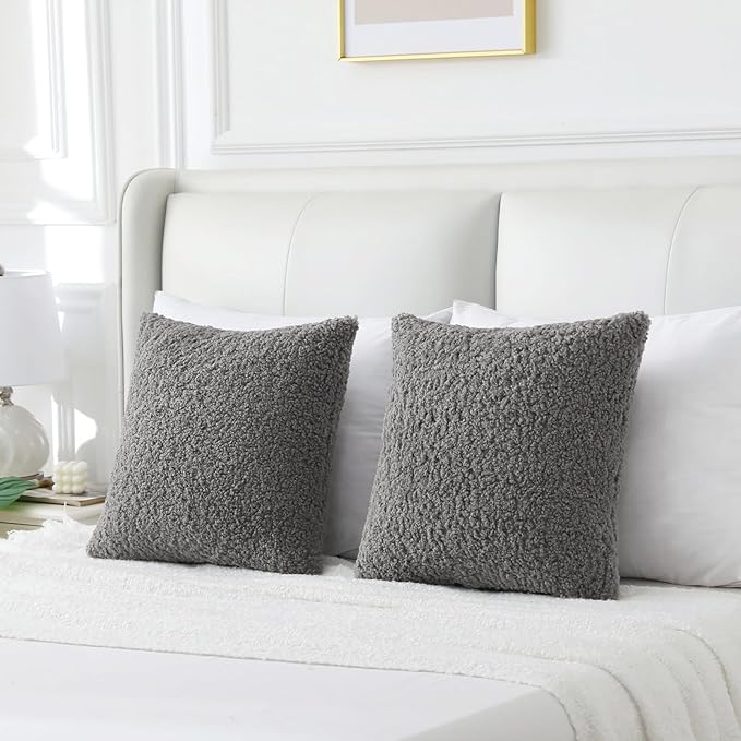 FUTEI Dark Grey Throw Pillow Covers 26x26 Inch Set of 2,Furry Faux Fur Teddy Boucle Textured Cushion Covers,Soft Fluffy Decorative Euro Pillow Shams,Home Decor for Couch Bed Living Room Office Car