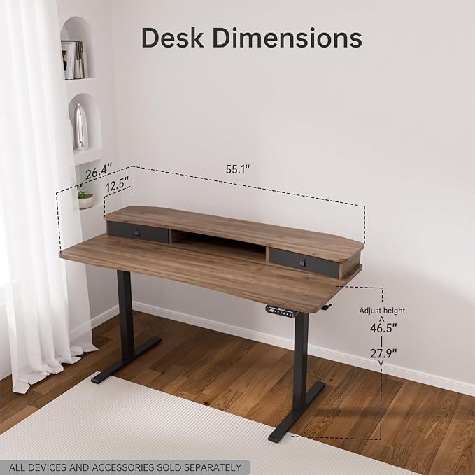HUANUO 55" x 26" Electric Standing Desk with 2 Drawers, C-Clamp Mount Compatible, Height Adjustable Computer Desk, Home Office Stand Up Desk with 4 Preset Heights & 2 Hooks, Walnut