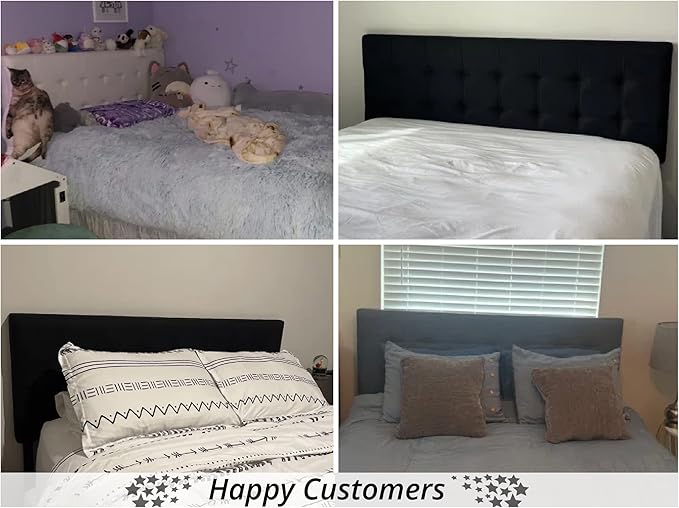 Naomi Home Jessenia Full Size Bed Headboard, Square Tufted, White Linen Fabric, Height Adjustable 42"-52", Metal Legs, Wall/Bed Mount