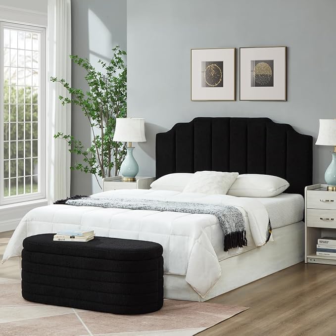 24KF Black Teddy Fabric Tufted for Queen Upholstered Headboard, Modern Vertical Channel Design Full Headboard with Stepped Silhouette Top Edge, 6026-Q-Teddy Black