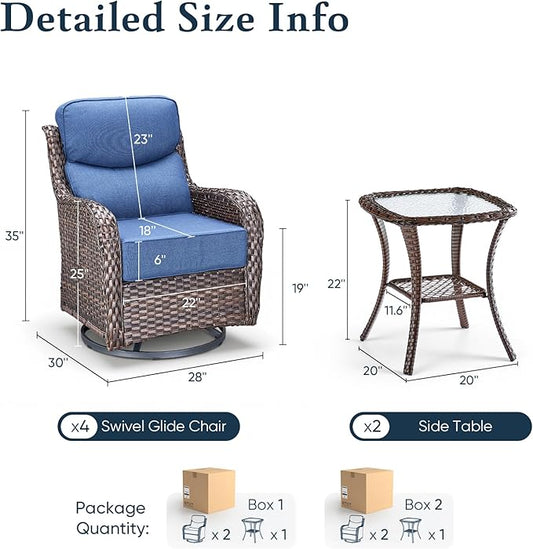 Belord Luxury 6" Thick Cushioned Outdoor Swivel Rocker Patio Chairs Set of 4 with Side Table, High Back Wicker Furniture Set with Ergonomic Zone Back, Conversation Set for Deck Porch - Brown+Blue