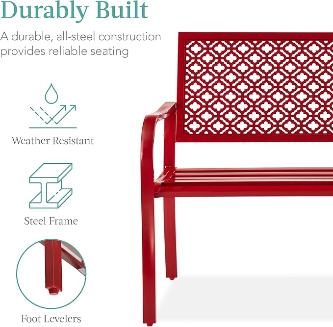 Best Choice Products Outdoor Bench 2-Person Metal Steel Benches Furniture for Garden, Patio, Porch, Entryway w/Geometric Backrest, 790lb Capacity - Rose Red