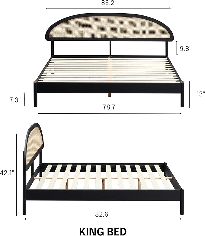 NTC Gem Wooden Bed Frame with Headboard and Natural Rattan, Solid Oak Foundation with Silent Slats, 1000 Lb Capacity, Effortless Assembly, King - Burnt Black