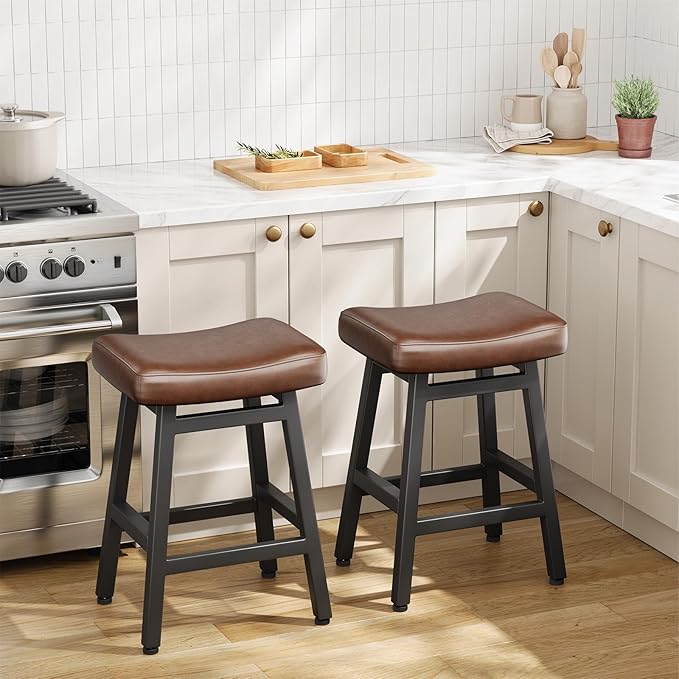 Counter Height Bar Stools Set of 3, 24 Inch Barstools for Kitchen Counter, Kitchen Stools with Faux Leather Saddle Seats & Heavy Duty Metal Legs, Easy Assembly, Forest Green