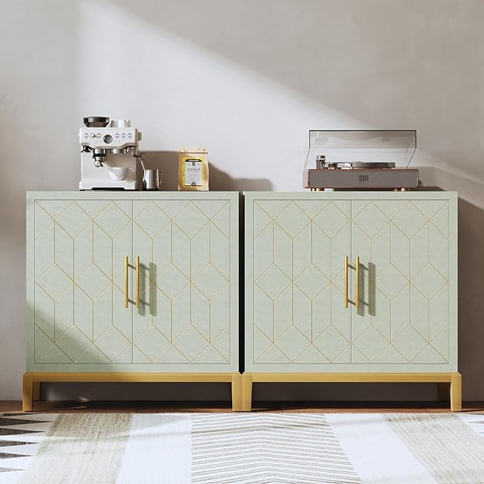 HLR Green Accent Cabinet with Gold Trim,Storage Cabinet with 2 Doors,Modern Wooden Sideboard for Living Room, Kitchen, Office and Hallway
