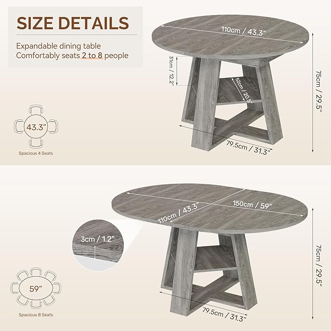 Aivermel 43.3‑59 in Extendable Oval Dining Table for 4‑6, Engineered Wood Round Dining Table with Hidden Extension Storage & Bottom Shelf, Space‑Saving Modern Kitchen Living Room Tables (Vintage Grey)