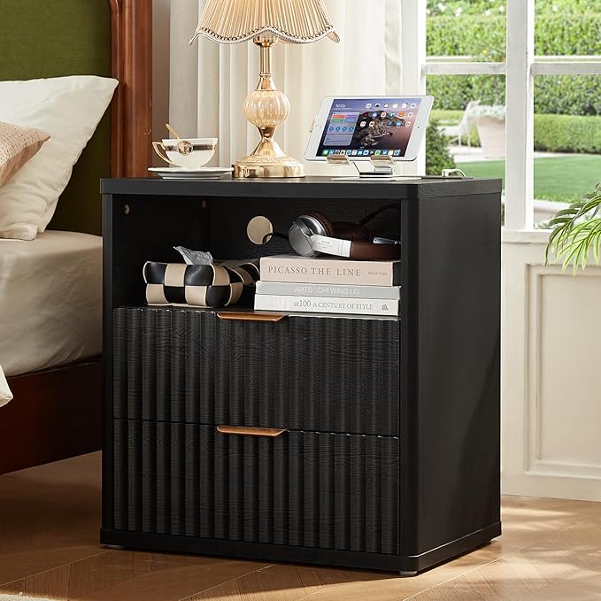 LEYAOYAO Fluted Nightstand with Charging Station, 23" Wide 2 Drawers End Table,Black Night Stand with Open Storage Cabinet, Farmhouse Bed Side Tables, Wood Dresser for Bedroom, Living Room, Closet
