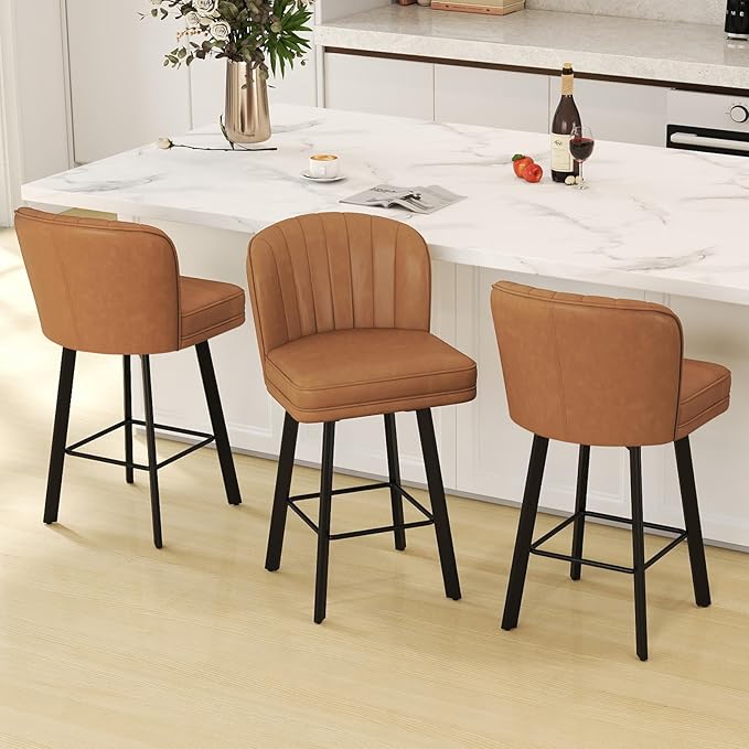 Swivel Counter Height Bar Stools Set of 4, 26'' Modern Barstools with Backs and Metal Legs, Upholstered Bar Chairs, Faux Leather Whiskey Brown Stools for Kitchen Island Chairs