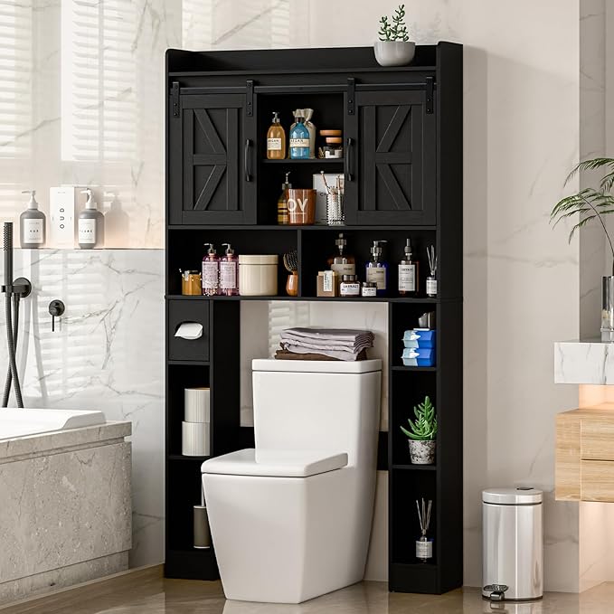 Farmhouse Storage Cabinet Over Toilet with Sliding Doors,Over The Toilet Storage Cabinet, Home Space-Saving Toilet Rack, for Bathroom, Restroom, Laundry.Pure Black