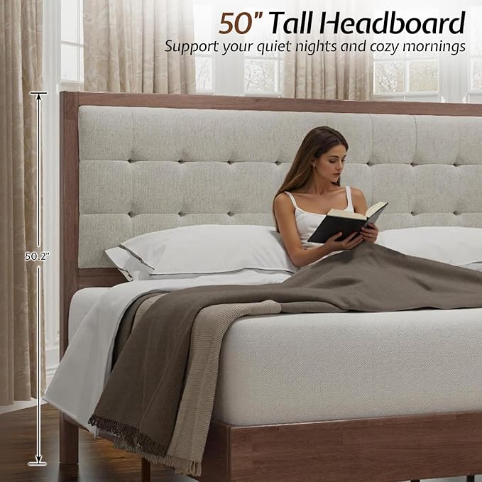Jocisland Wood King Size Bed Frame,Tall Upholstered Tufted Headboard, Solid Wood Platform, No Box Spring Needed, Walnut