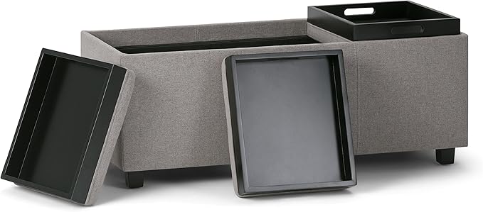 SIMPLIHOME Avalon 42 inch Wide Contemporary Rectangle Storage Ottoman in Cloud Grey Linen Look Fabric, Assembled, for the Living Room, Entryway and Family Room