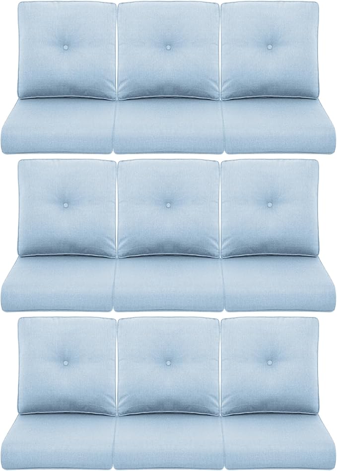 9-Piece Outdoor Patio Cushion Set - Fade & Water Resistant with Removable Olefin Cover, 22x24x4 Inch Memory Foam Cushions for Wicker Sectional Sofa – Baby Blue/Buckle