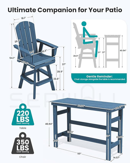 SERWALL 3-Piece Swivel Adirondack Bar Set, HDPE Swivel Bar Height Chairs Set of 2 with Bar Table, All-Weather Outdoor Barstools for Patio, Poolside, Garden, Blue