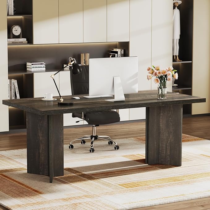 Tribesigns 63-inch Executive Desk, Vintage Office Computer Desk with Large Tabletop, Farmhouse Wood Writing Conference Table Workstation for Home Office, Study, Dark Gray