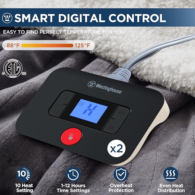 Westinghouse Electric Blanket Queen, Heated Blanket Queen Size with 10 Heating Levels and 1 to 12 Hours Heating Time Settings, Flannel to Sherpa Reversible, Machine Washable (84" x 90", Charcoal)