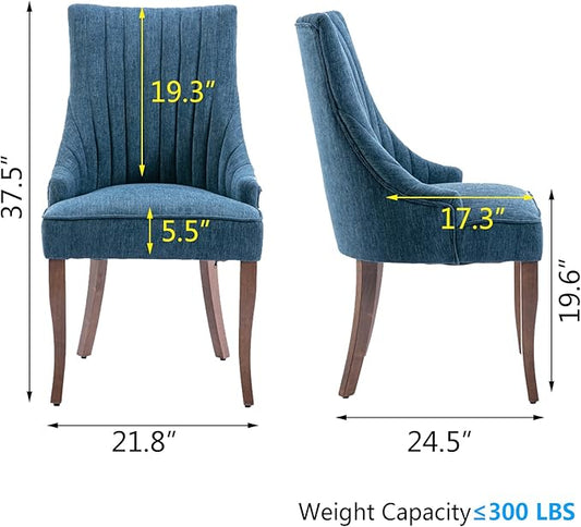 mikibama Linen Dining Chairs Set of 4 Channel Tufted Kitchen Dinner Chair Comfy Fabric Upholstered Accent Chair for Dining Room with Solid Wood Legs (Blue 4pc)