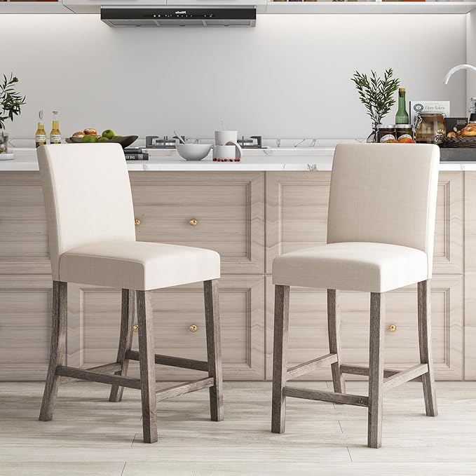 COSTWAY Upholstered Counter Height Stools Set of 4, Bar Stools w/Ergonomic Backrest, Solid Wood Frame, 24.5” Fabric Counter Height Chairs for Kitchen Island, Dining Room, Pub (Beige)