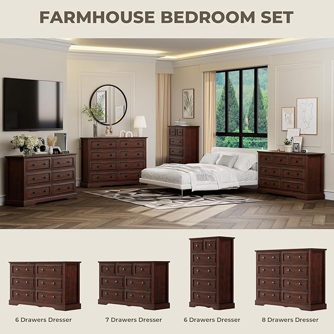 Farmhouse 6 Drawer Dresser for Bedroom, 54" Wide Wood Dresser with Natural Texture, Rustic Chest of Drawers for Bedroom with Vintage Metal Hands, for Living Room, Hallway, Cherry